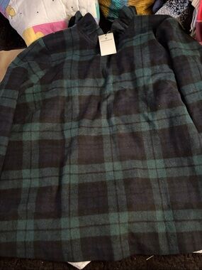 Tuckernuck Green and Black Plaid Ruffle Neck Blouse